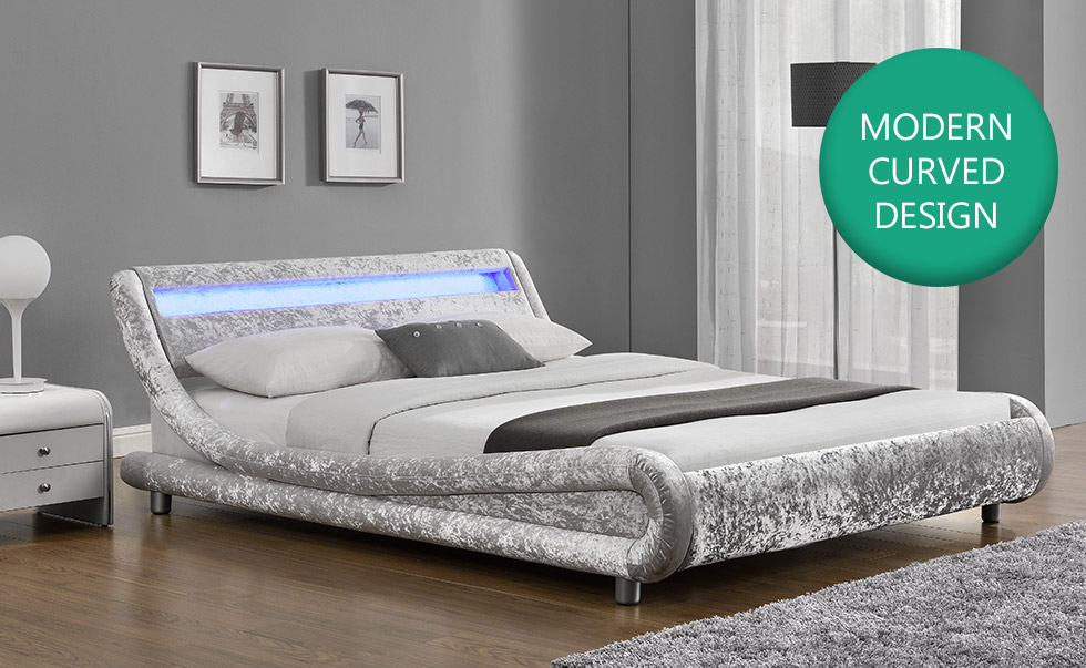 Velvet Fabric Bed Frame Double King, Queen Bed Frame With Lights